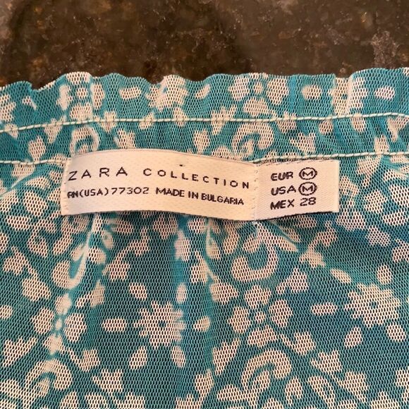 Zara Sz M Sheer Mesh Tiffany Blue Fleur Print Top - Picture 2 of 9